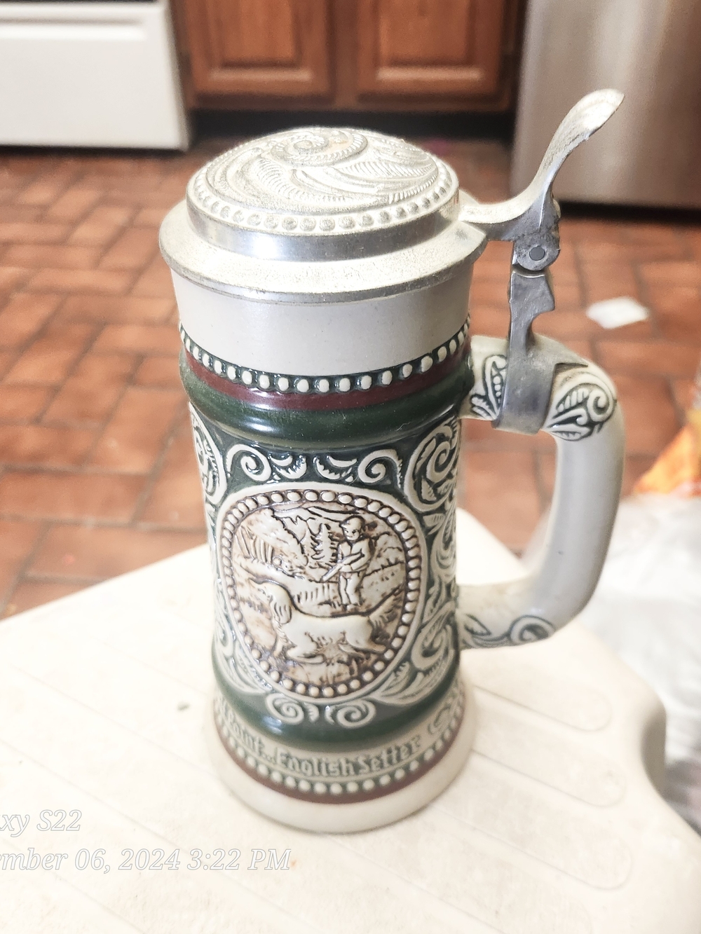 Avon Green and Cream German-Style Ceramic Beer Stein with Pewter Lid